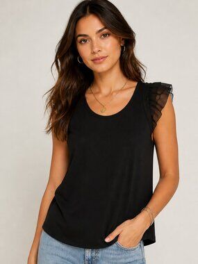 Banana Republic Women's Short Sleeve Scoop Neck Ruffled Sleeves Top Black M